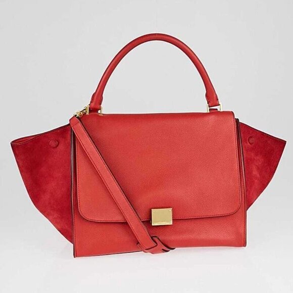 Celine Red Pebbled Calfskin/Suede Leather Small Trapeze Bag - Picture 1 of 11